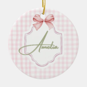 Amelia Personalized Pink Bow & Gingham Print  Ceramic Ornament