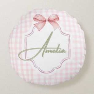 Amelia Personalized Pink Bow & Gingham Print Round Pillow