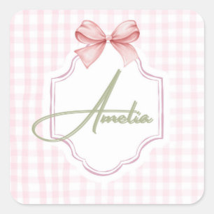 Amelia Personalized Pink Bow & Gingham Print  Square Sticker