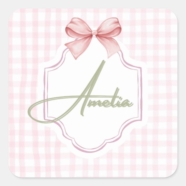 Amelia Personalized Pink Bow & Gingham Print  Square Sticker (Front)