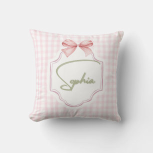 Amelia Personalized Pink Bow & Gingham Print Throw Pillow