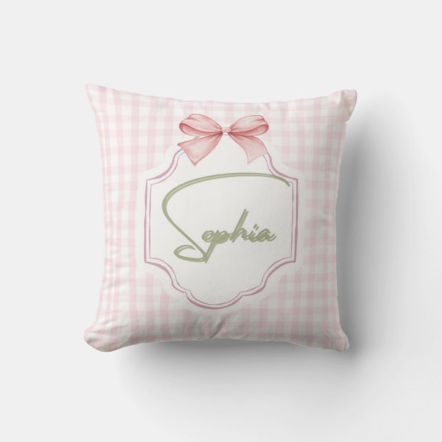 Amelia Personalized Pink Bow & Gingham Print  Throw Pillow (Front)