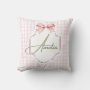 Amelia Personalized Pink Bow & Gingham Print Throw Pillow