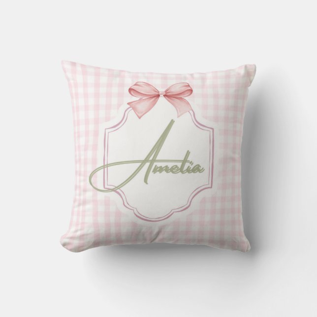 Amelia Personalized Pink Bow & Gingham Print  Throw Pillow (Front)