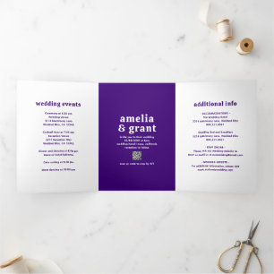 Amelia Royal Purple Modern Wedding Tri-Fold Invitation