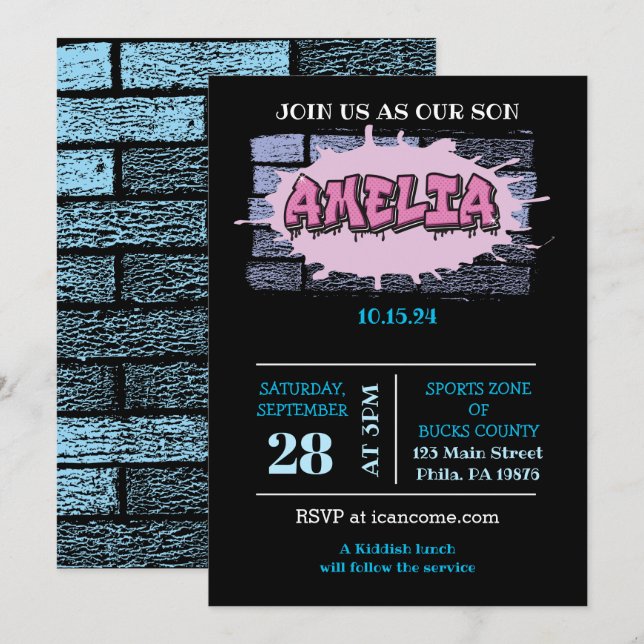 AMELIA Your Name Girls Pink Graffiti Hip Hop Invitation (Front/Back)