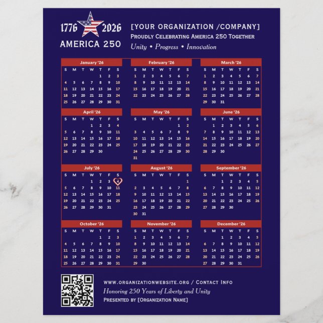 America 250 Patriotic Blue 2026 Calendar Keepsake Flyer (Front)