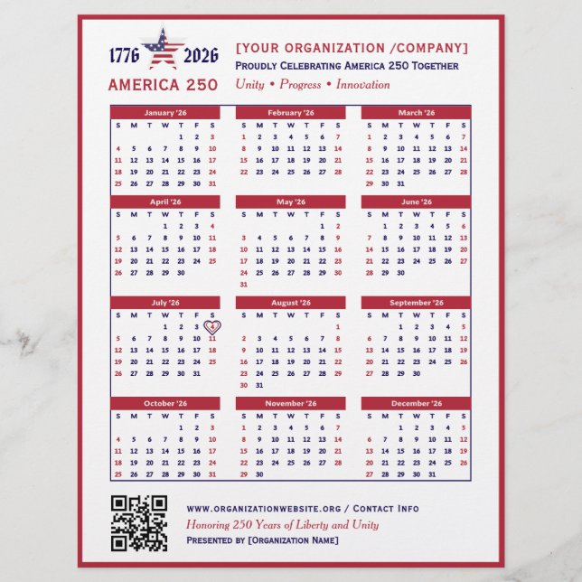 America 250 Patriotic Red 2026 Calendar Keepsake Flyer (Front)