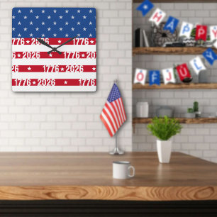 America 250 Stars & Stripes 1776 2026 Numbers Square Wall Clock