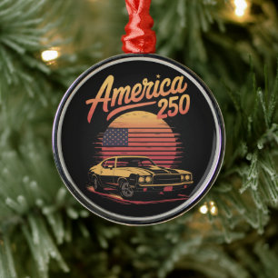 America 250 US Retro Sunset Metal Ornament