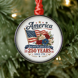 America 250 Years Floral Flag Metal Ornament