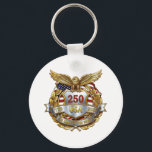 America 250th Anniversary Keychain<br><div class="desc">This artistic image features a faux "yellow metal" badge with the American eagle, shield, flag and the text "The land of the brave", "776 USA 2026". A unique, one-of-a kind patriotic gift for anyone, charm to celebrate the 250th America's birthday, the Independence Day, Fourth of July. An eletant two-sides printed...</div>