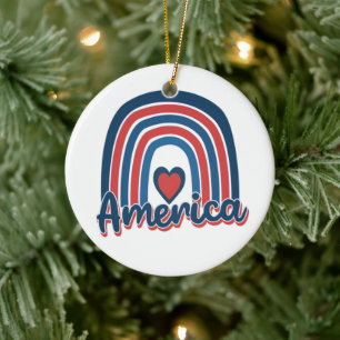 America 4th of July Celebration Rainbow USA Ceramic Ornament