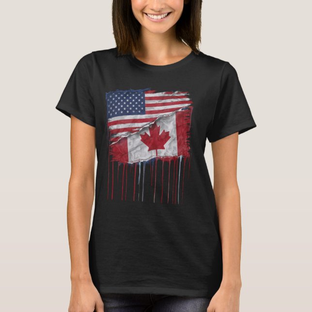 America Canada Flags Half American Half Canadian T-Shirt (Front)