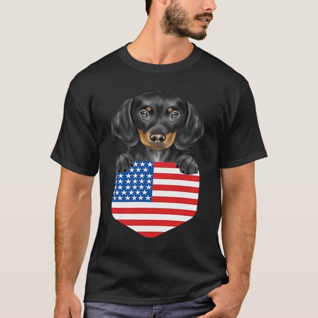 America Flag Black Dachshund Dog In Pocket T-Shirt (Front)