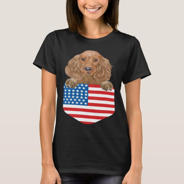 America Flag Cocker Spaniel Dog In Pocket T-Shirt (Front)