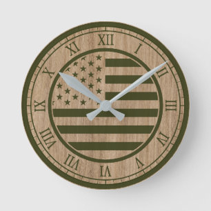 America Flag Green Army Round Clock
