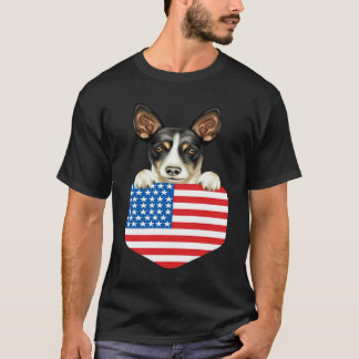 America Flag Rat Terrier Dog In Pocket T-Shirt