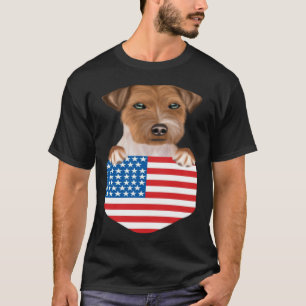 America Flag Russell Terrier Dog In Pocket T-Shirt