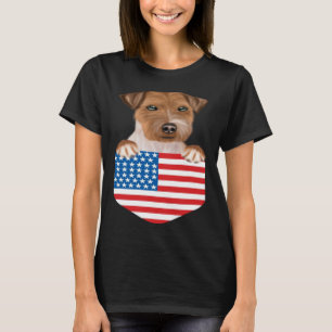 America Flag Russell Terrier Dog In Pocket T-Shirt