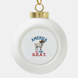 America Is The G.O.A.T Patriotic Goat Cowboy Shirt Ceramic Ball Christmas Ornament