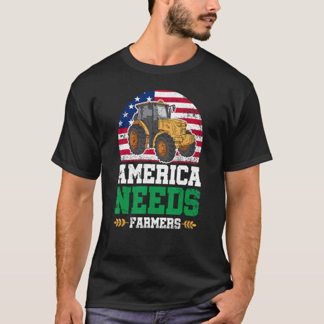 America Needs Farmers US American Flag Tractor T-Shirt (Front)