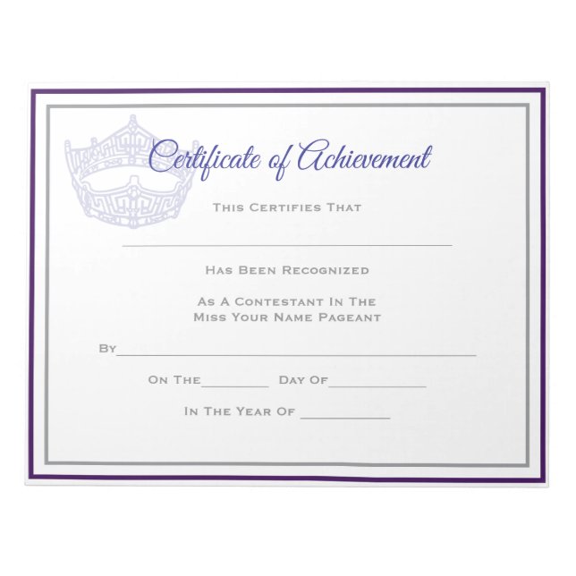 America Pageant Crown Certificate Achievement Awrd Notepad (Front)