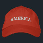 America Red Embroidered Baseball Cap<br><div class="desc">America is embroidered in white on this red unisex baseball cap or any colour hat you choose. Perfect way to show your patriotism on the 4th of July, Memorial Day or any occasion.</div>