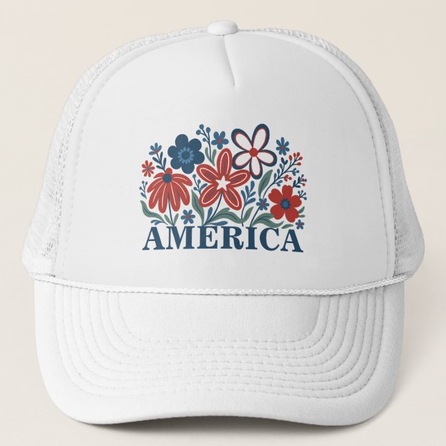 America Red, White and Blue Flowers tTrucker Hat (Front)