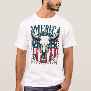 America Red White and Blue With Bull Skull T-shirt