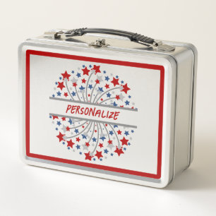America Red White Blue Fireworks Personalized Metal Lunch Box