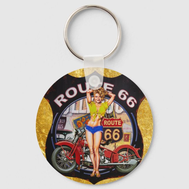 America route 66 motorcycle With a gold texture Keychain (Front)