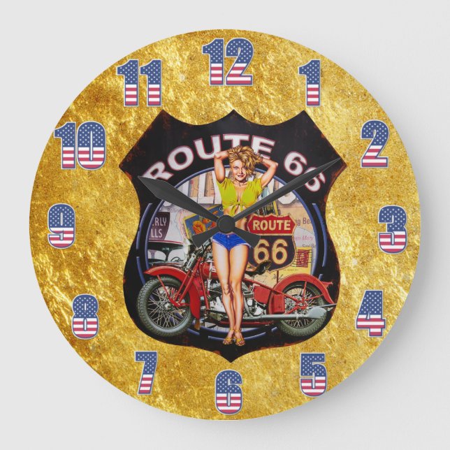 America route 66 motorcycle with a gold texture  large clock (Front)