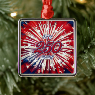 America’s 250th Birthday 1776-2026 RWB Fireworks Metal Ornament