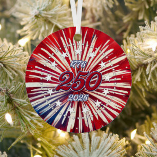 America’s 250th Birthday 1776-2026 RWB Fireworks Metal Ornament