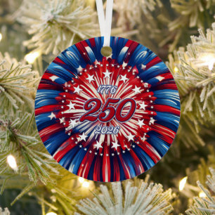 America’s 250th Birthday 1776-2026 RWB Fireworks Metal Ornament