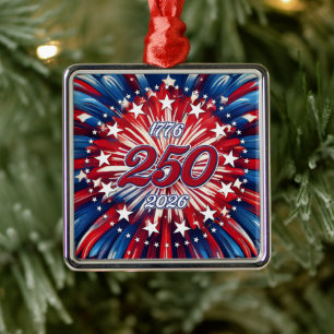 America’s 250th Birthday 1776-2026 RWB Fireworks Metal Ornament