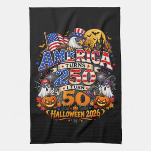 America Turns 250 I Turn 50 Funny Halloween 2026 Kitchen Towel