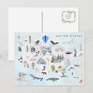 America   Watercolor Illustrated USA Map Postcard