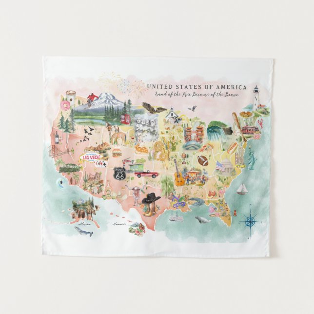 America | Watercolor Illustrated USA Map Tapestry (Front (Horizontal))