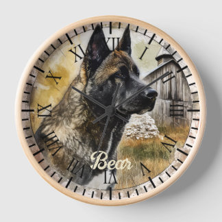American Akita Brindle Dog Rustic Farm Portrait Clock