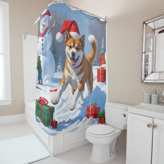 American Akita Christmas Festive Snow Scene (In Situ)