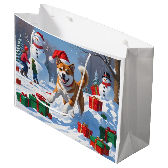 American Akita Christmas Festive Snow Scene Large Gift Bag (Front Angled)