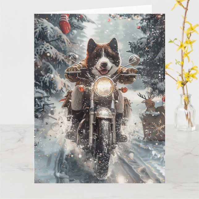 American Akita Dog Riding Motorcycle Christmas  Card (Yellow Flower)