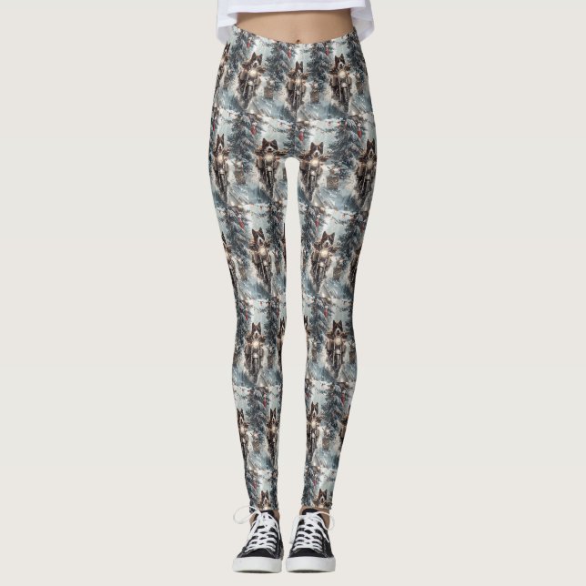 American Akita Dog Riding Motorcycle Christmas  Leggings (Front)
