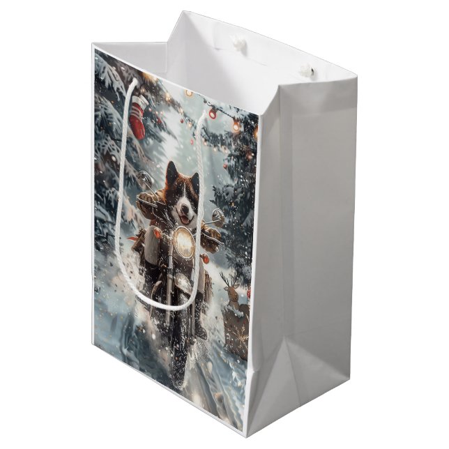 American Akita Dog Riding Motorcycle Christmas  Medium Gift Bag (Front Angled)