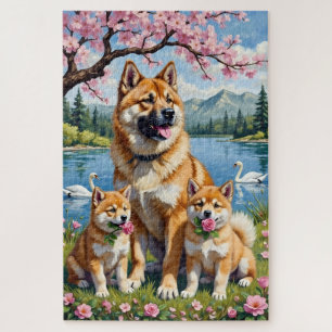 American Akita Family Meadow Art Jigsaw Puzzle