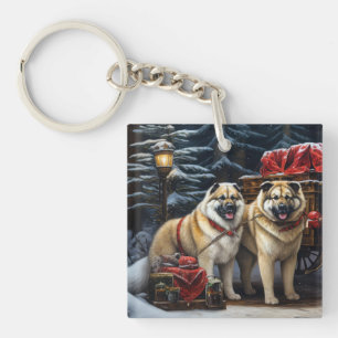 American Akita Snowy Sleigh Ride Christmas Decor Keychain