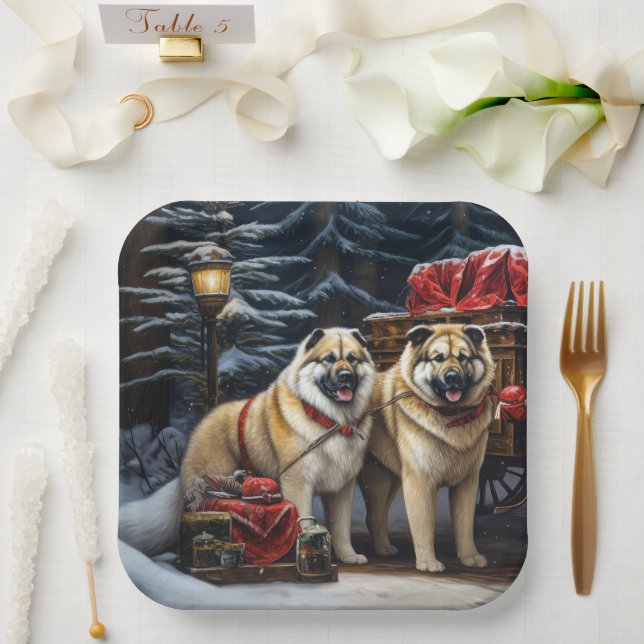 American Akita Snowy Sleigh Ride Christmas Decor Paper Plate (Wedding)