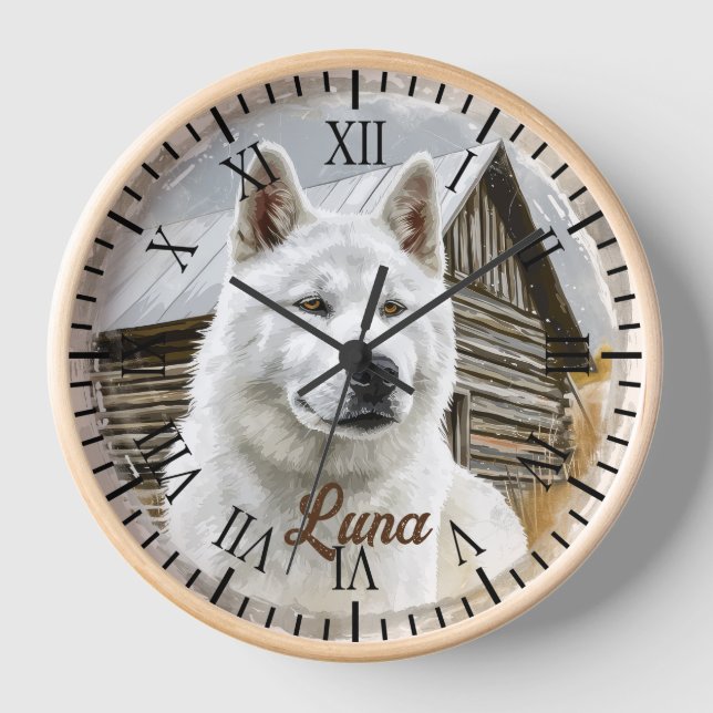 American Akita White Dog Rustic Farm Portrait Clock (Front)